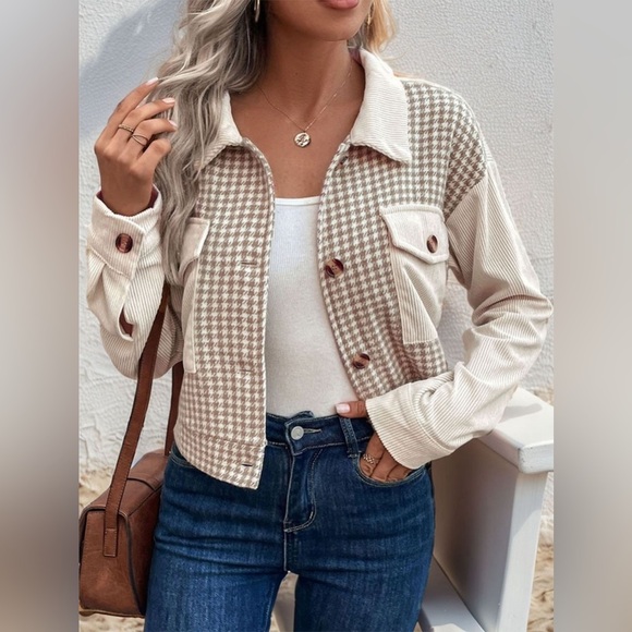 Pocketed Houndstooth Long Sleeve Jacket Beige - Picture 1 of 5